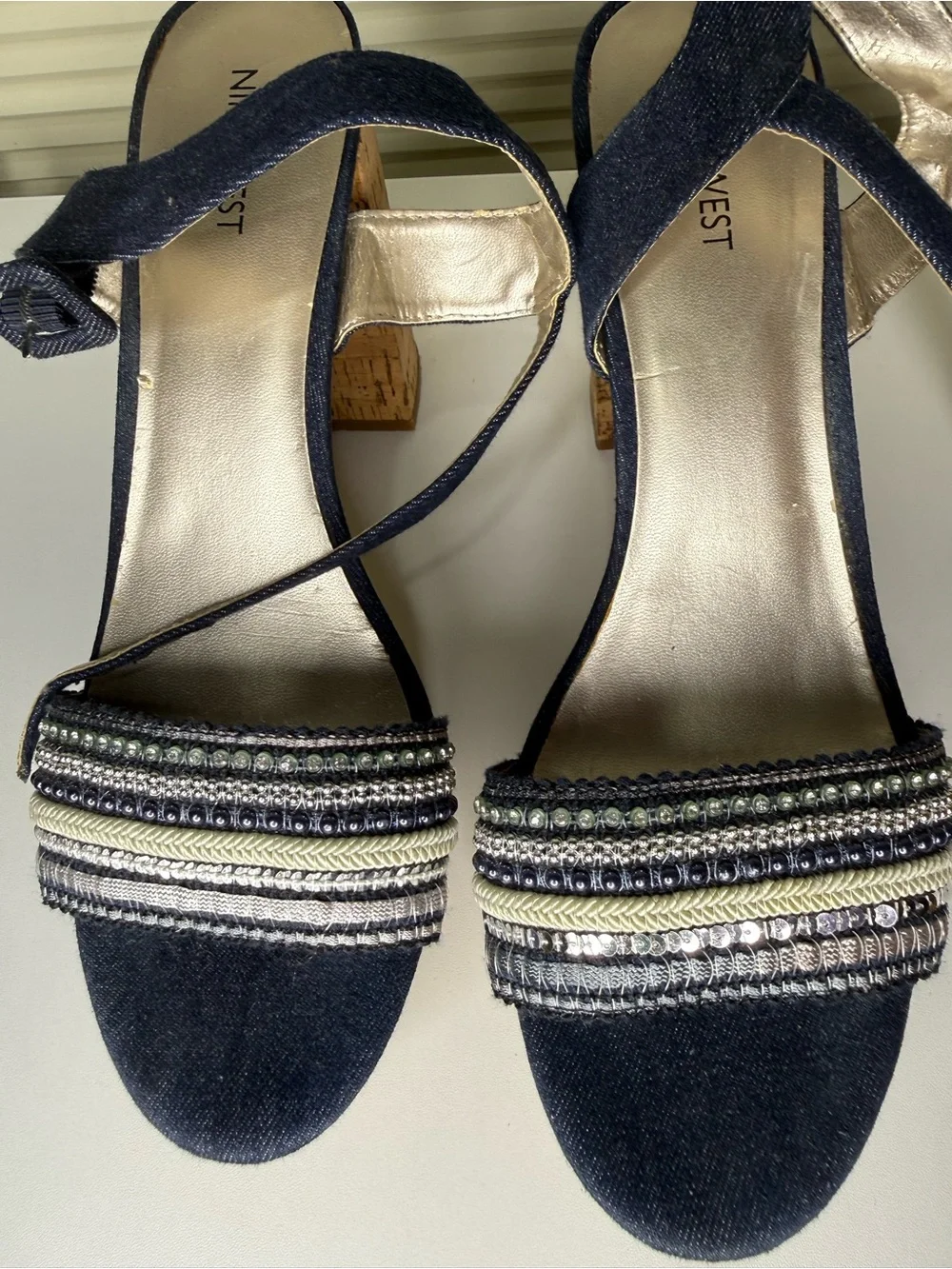 Nine West Navy and Cork Platform Sandals with Beaded Straps